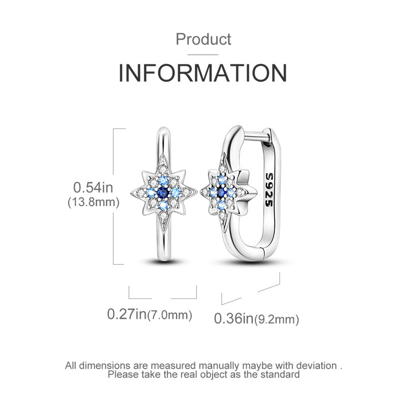 S925 Sterling Silver North Star Huggie Hoop Earrings with Blue and Clear Zirconia Crystals - Truly Yours