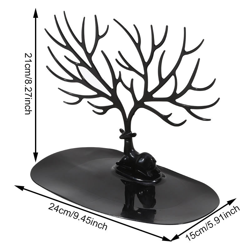 Tree-Shaped Jewellery Organizer with Deer Base - Necklace, Earring & Ring Display Stand with Storage Tray