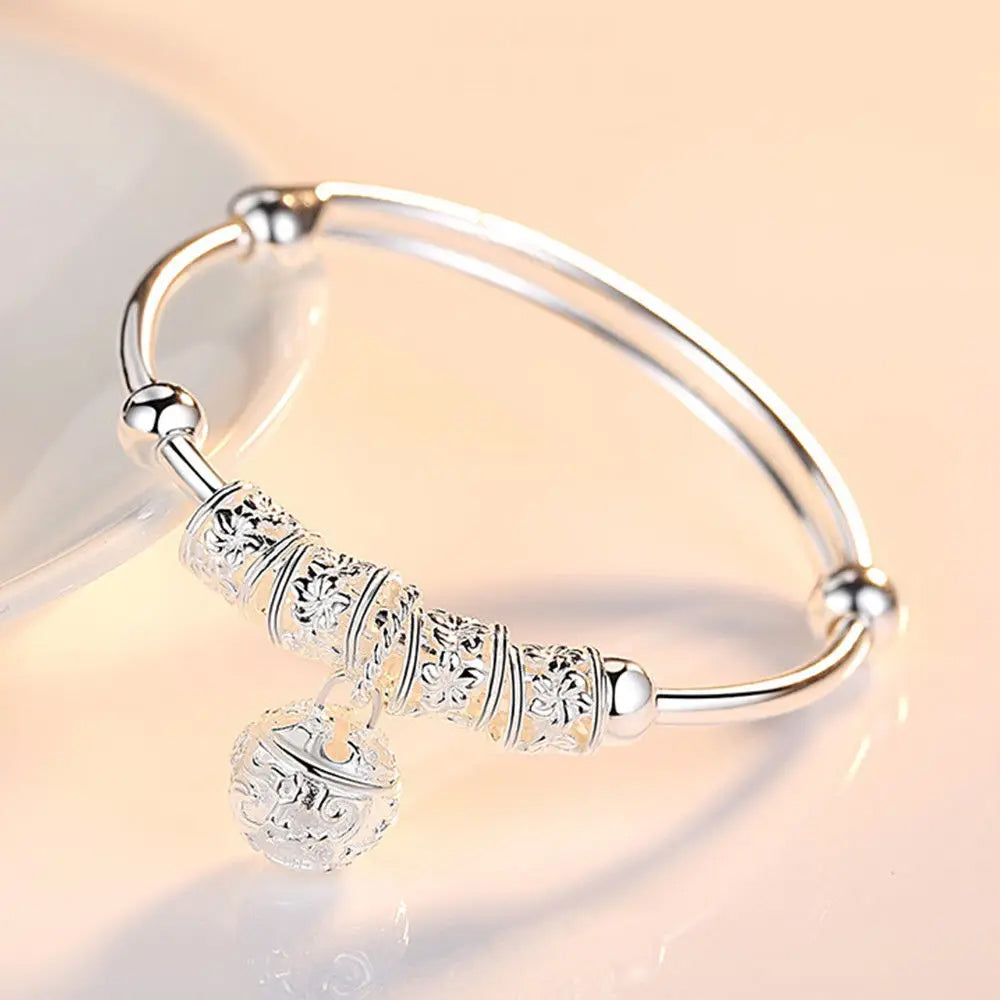 Adjustable 925 Sterling Silver Bangle - Hollow Bell Ball Design