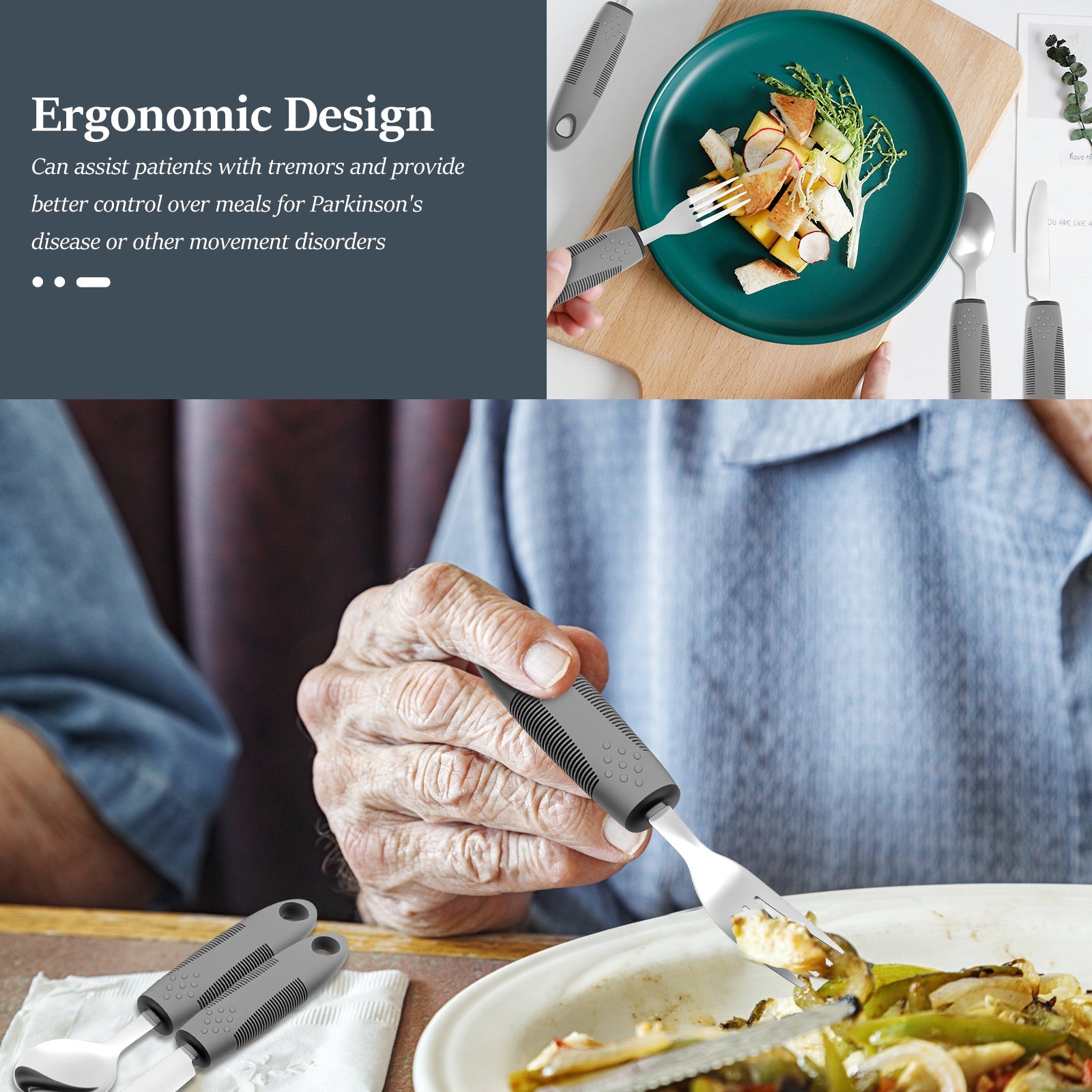 4-Piece Adaptive Utensils Set - Stainless Steel Bendable Cutlery with Weighted Easy-Grip Handles for Arthritis, Hand Tremors, and Parkinson’s Utensils