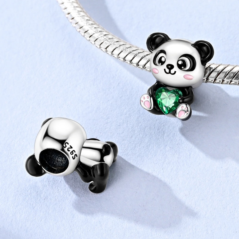 S925 Sterling Silver Cute Panda Charm with Green Crystal Heart