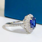 925 Sterling Silver Blue Gemstone Ring - Resizable Halo Design