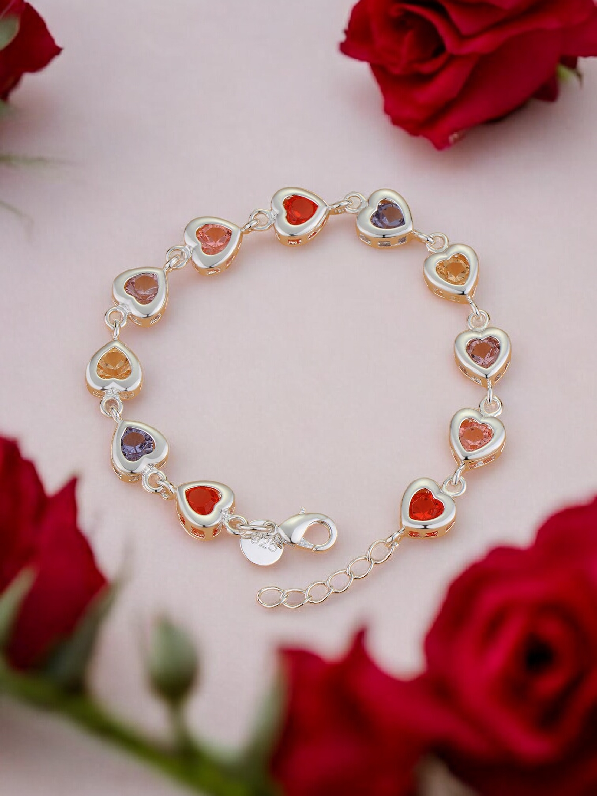 925 Silver Heart Shaped Multi Gemstone Bracelet