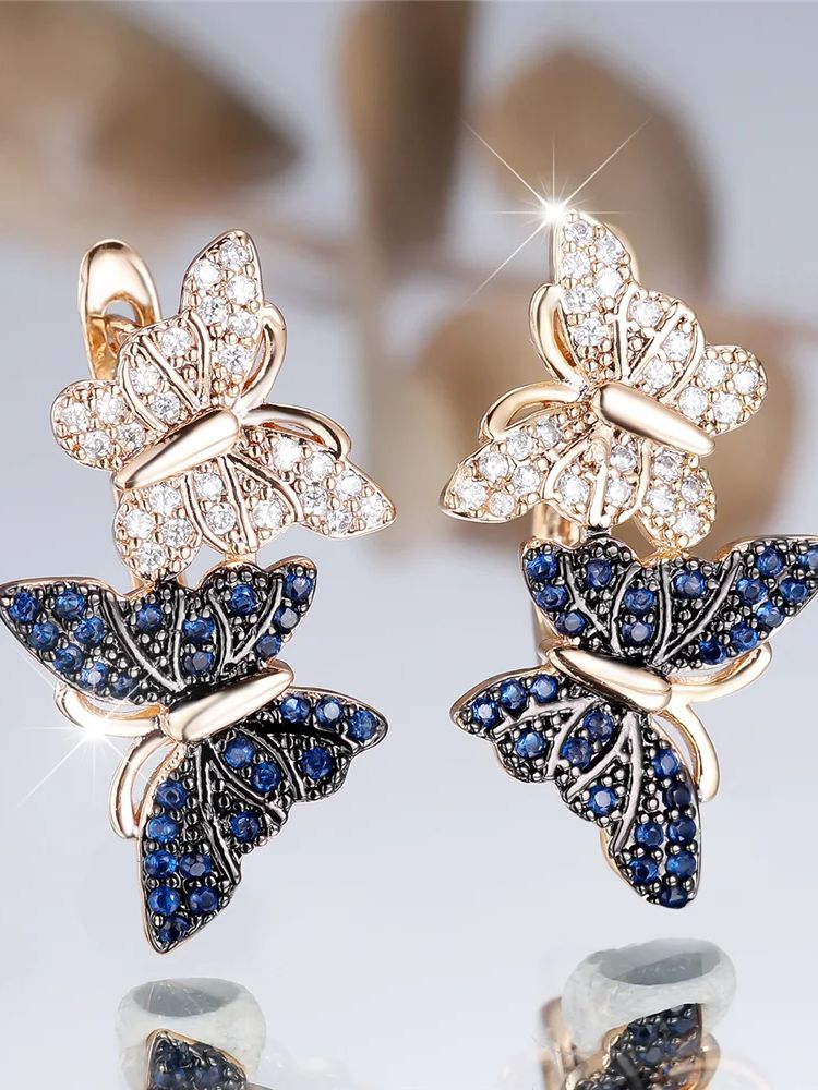 Gold-Tone Butterfly Hoop Earrings with White & Blue Crystal Zircon