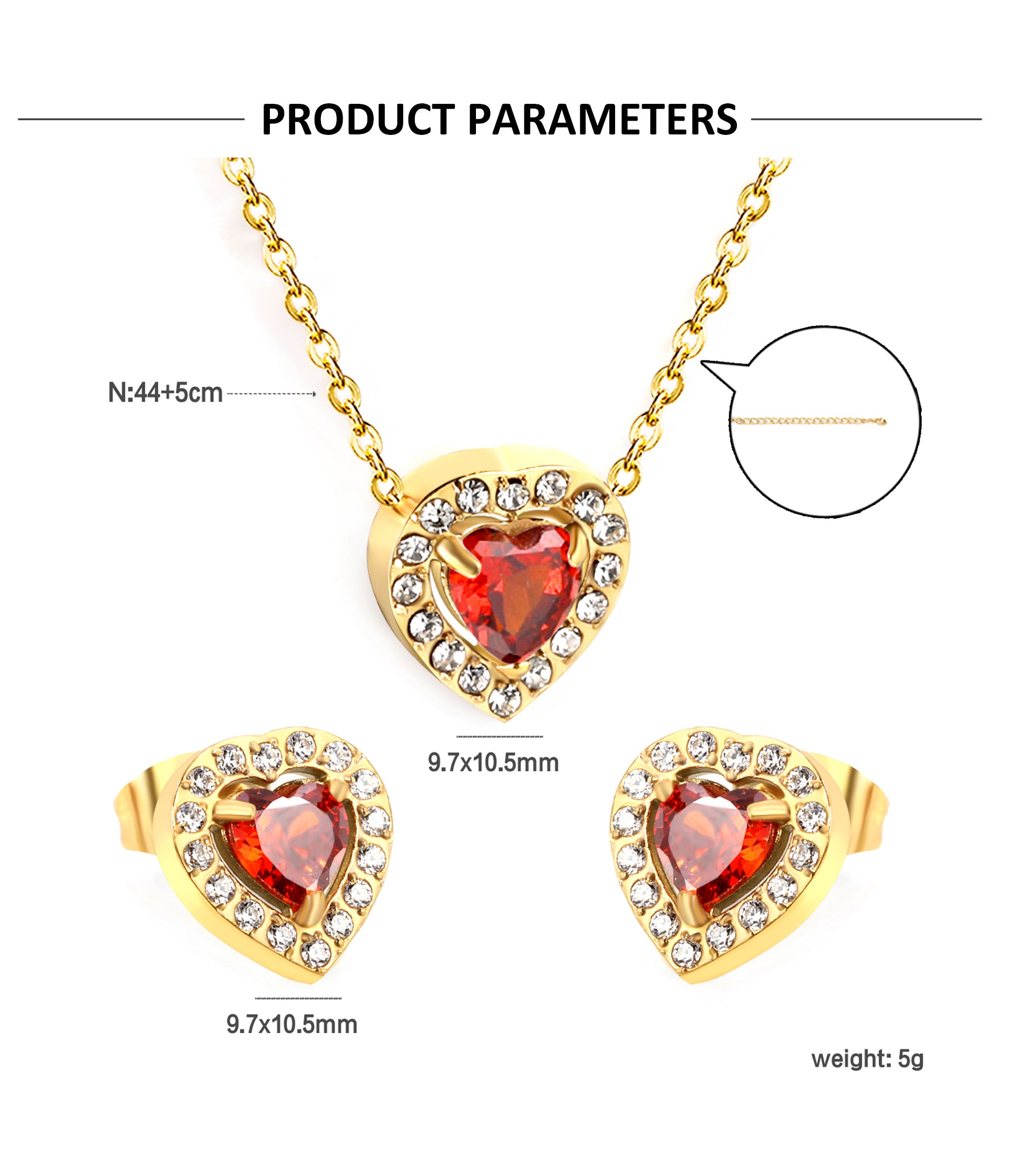 Love Heart Jewellery Set: Sparkling Red Zirconia Necklace and Earrings