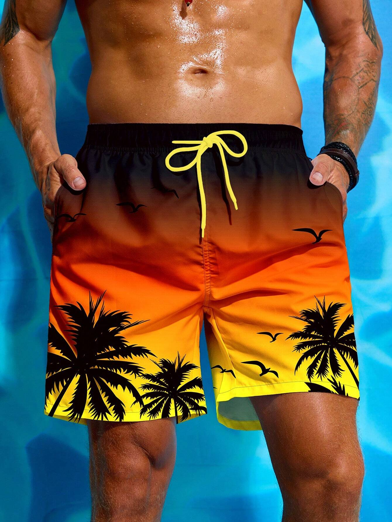 Sunset Ombre Beach Shorts with Palm Print