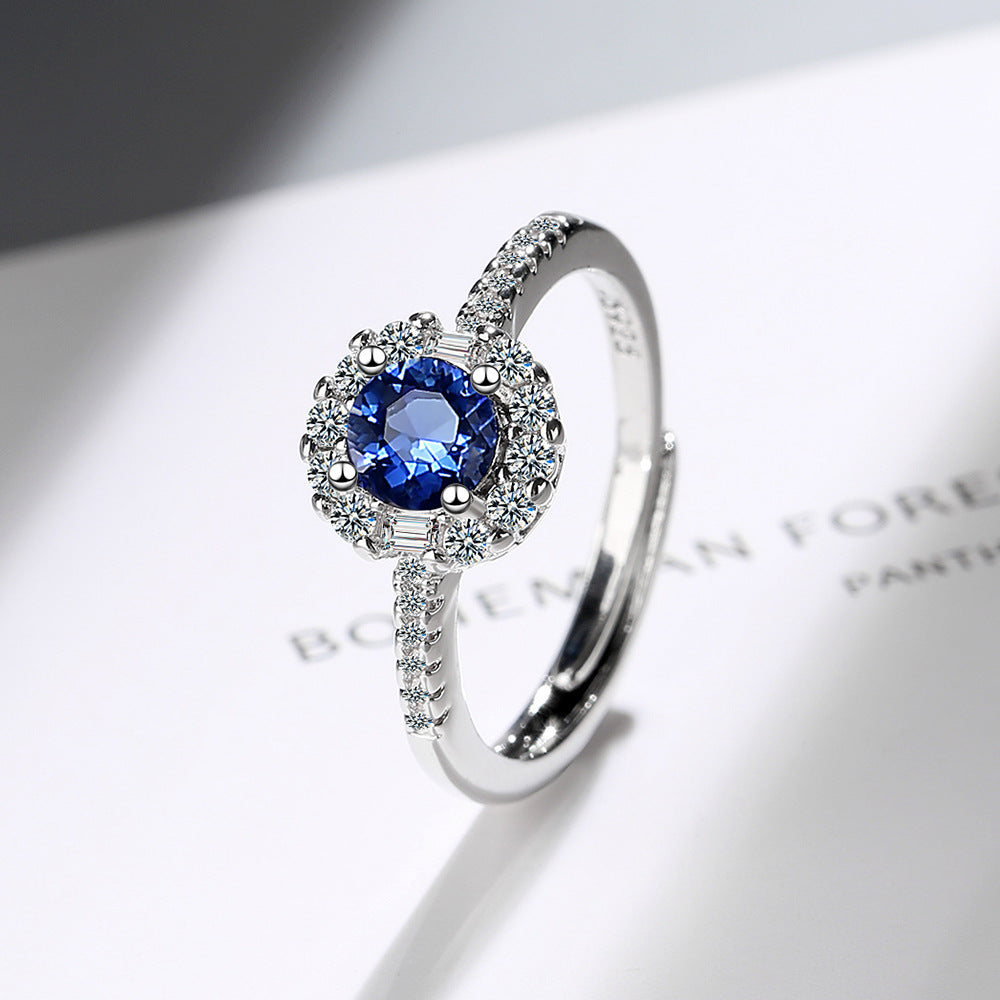 925 Sterling Silver Blue Sapphire Crystal Halo Adjustable Ring - Truly Yours