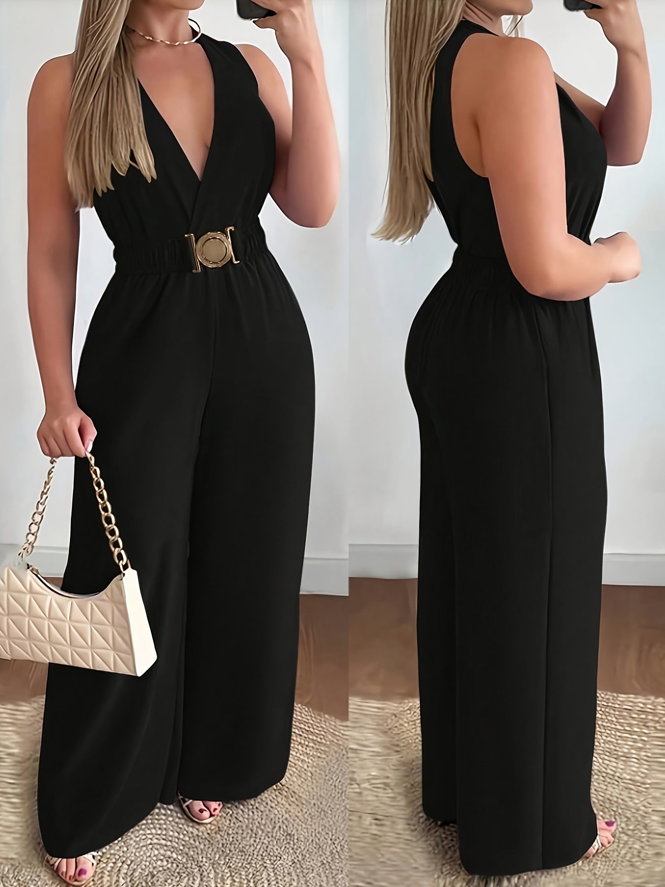 Elegant Sleeveless Wide Leg Jumpsuit with Gold Buckle Waist Detail - Truly Yours