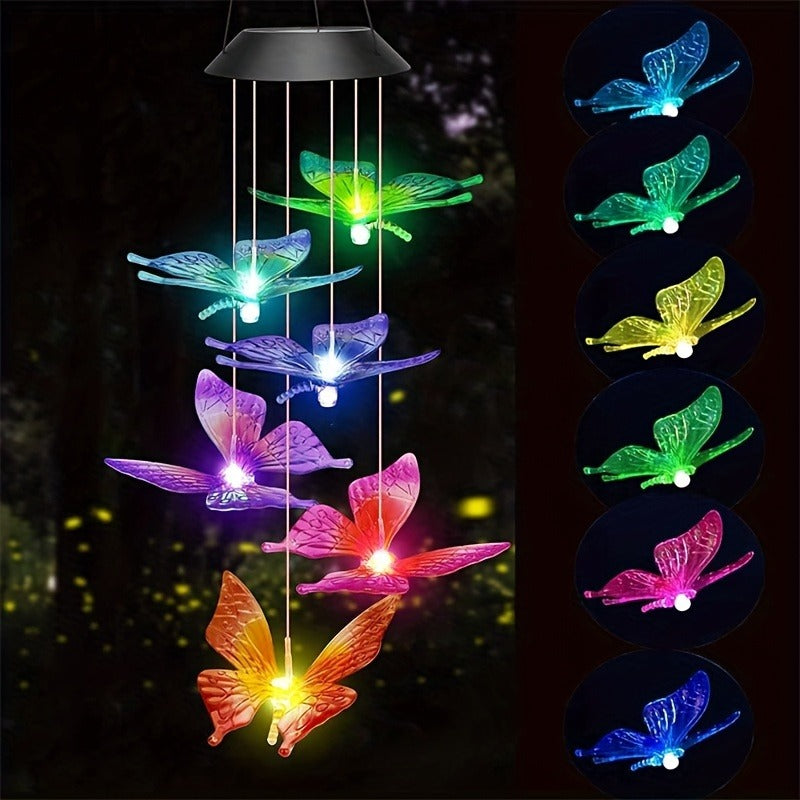 Solar Powered Butterfly Wind Chime - Color Changing LED Hanging Garden Decor