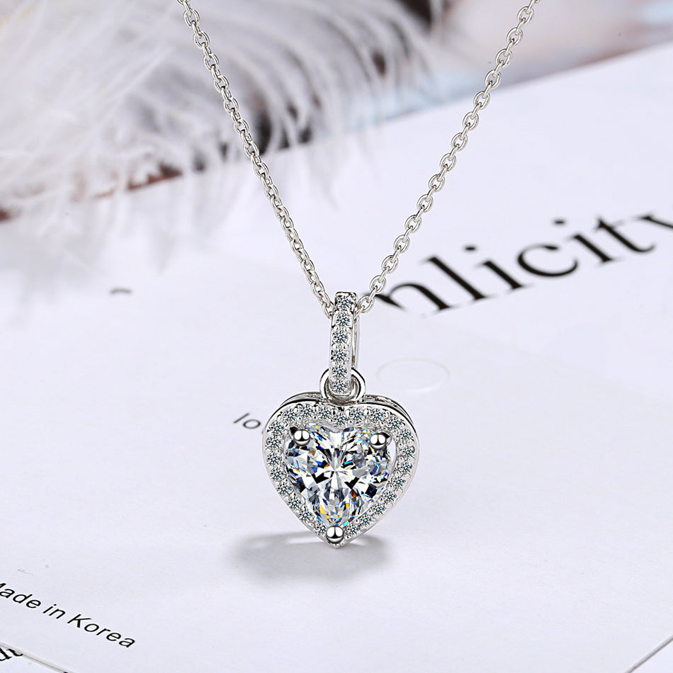 925 Sterling Silver Heart-Cut Zircon Pendant Necklace with Halo Setting