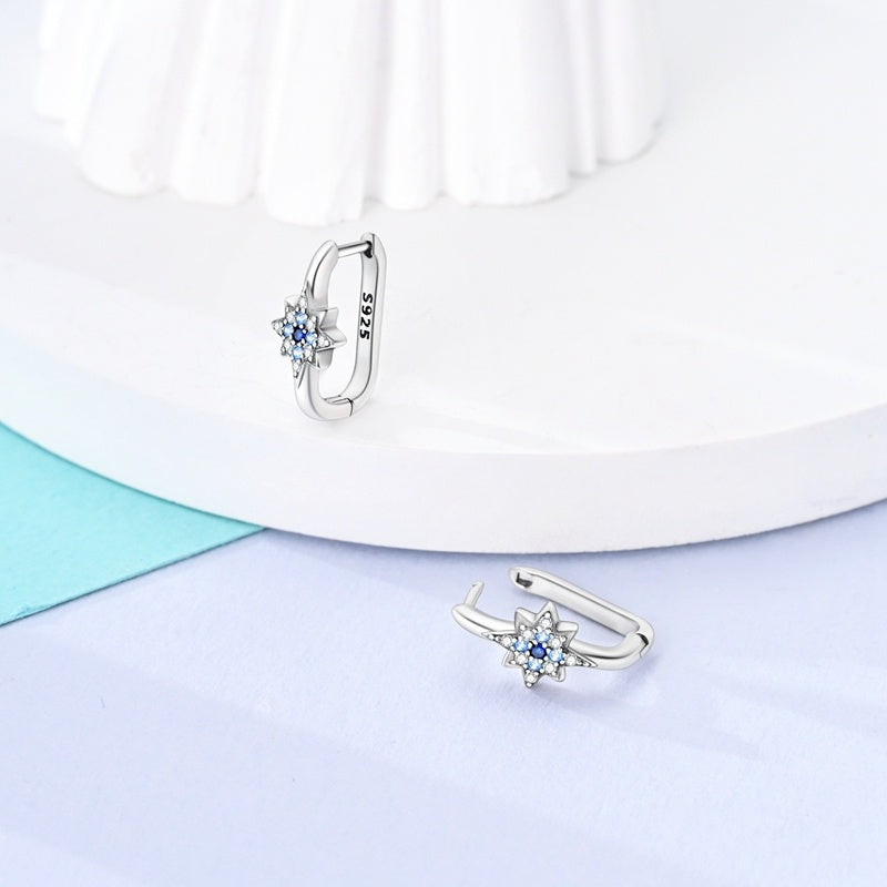 S925 Sterling Silver North Star Huggie Hoop Earrings with Blue and Clear Zirconia Crystals