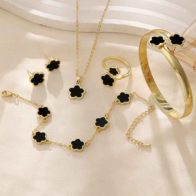 5 Piece Stainless Steel Pink Clover Jewellery Set - Includes Necklace, Bracelet, Bangle, Ring & Stud Earrings, 5 colours - Truly Yours
