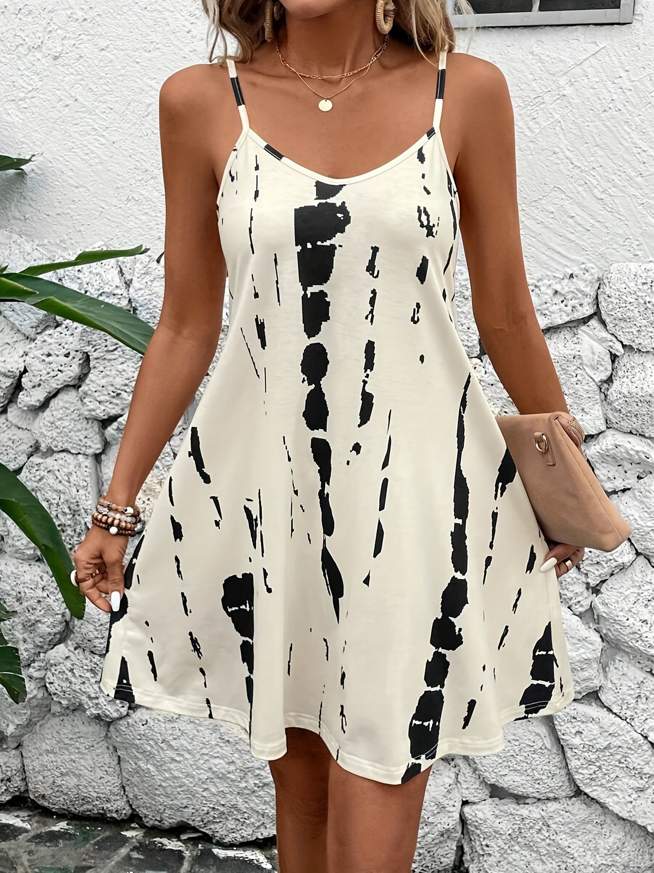 Women’s Cream Abstract Print Strappy Cami Dress