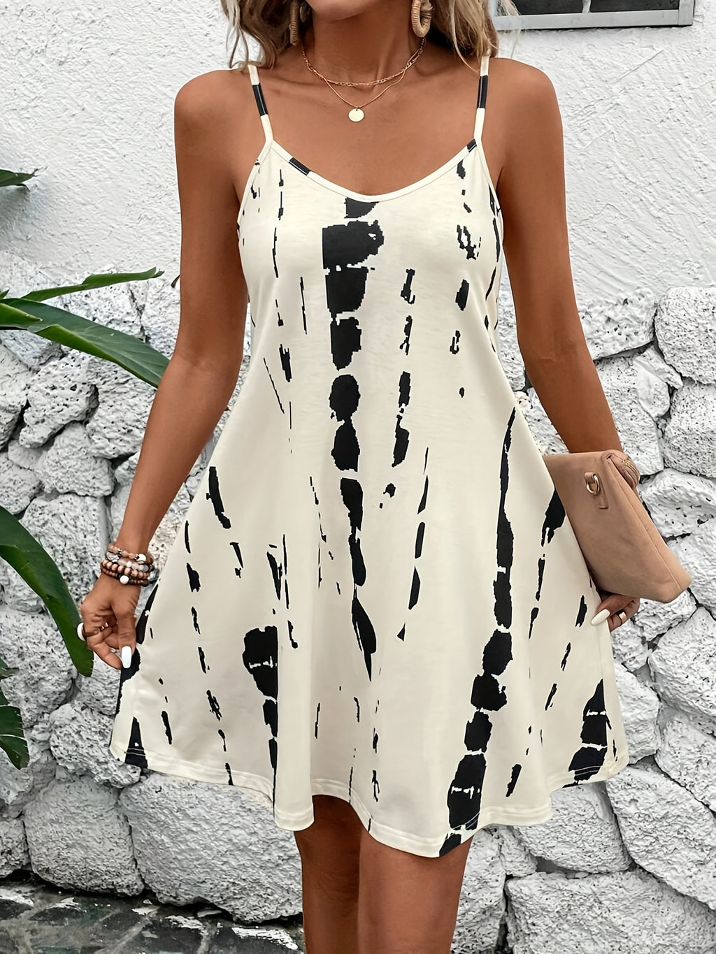 Women’s Cream Abstract Print Strappy Cami Dress - Truly Yours