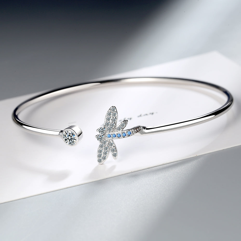 925 Sterling Silver Crystal Charm Bangle - Butterfly/Dragonfly/Heart Designs