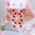 Enchanted Rose Garden Long Tassel Earrings – Red Floral Cascading Dangles with Shimmering Crystals and Gold-Tone Finish