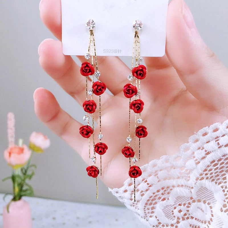 Enchanted Rose Garden Long Tassel Earrings – Red Floral Cascading Dangles with Shimmering Crystals and Gold-Tone Finish