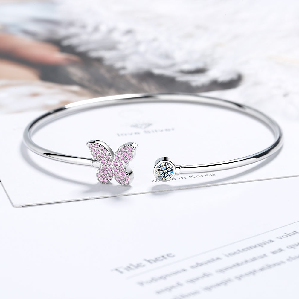 925 Sterling Silver Crystal Charm Bangle - Butterfly/Dragonfly/Heart Designs