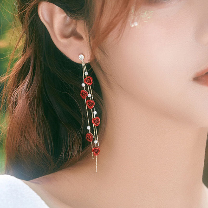 Enchanted Rose Garden Long Tassel Earrings – Red Floral Cascading Dangles with Shimmering Crystals and Gold-Tone Finish - Truly Yours