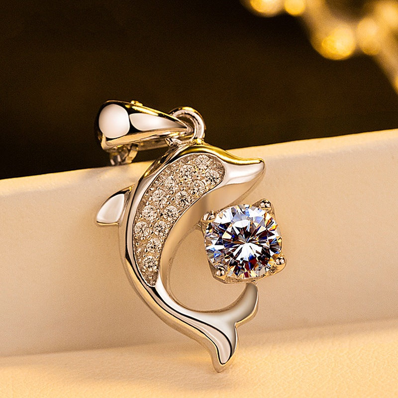 925 Sterling Silver Dolphin Pendant Necklace with Sparkling Crystal