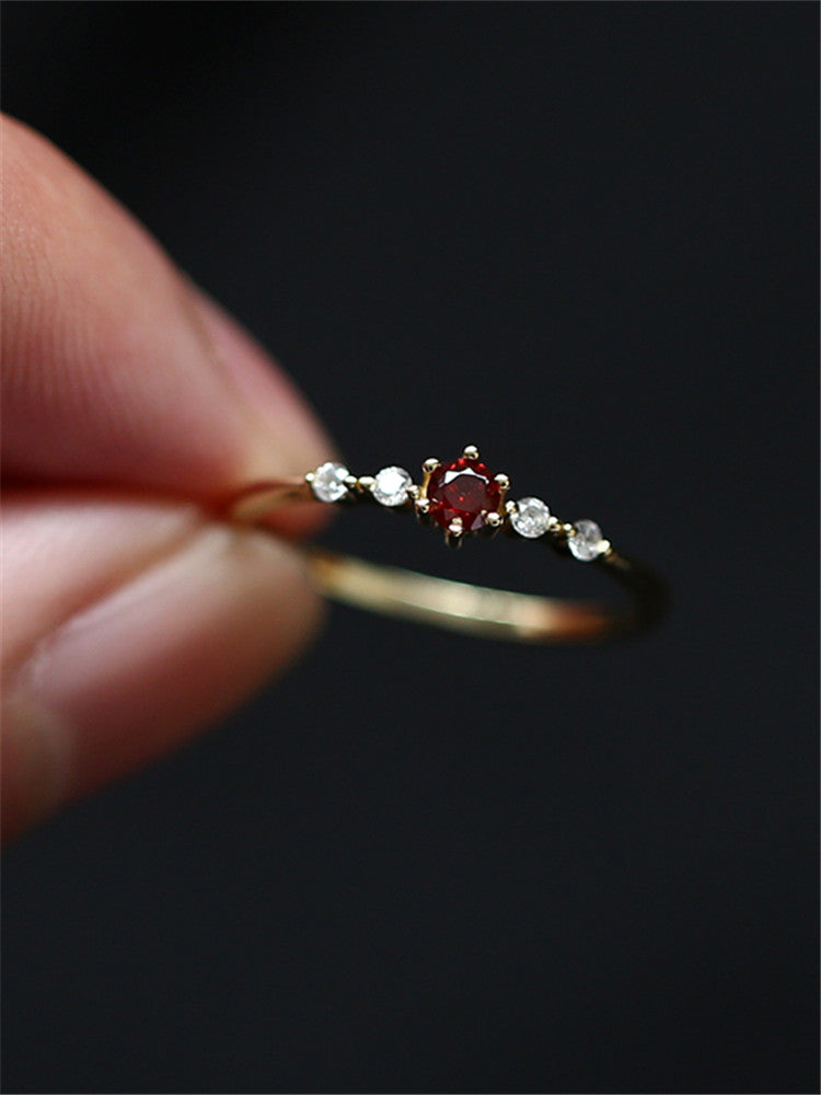 Dainty Garnet-Red & White Zircon Cluster Ring, 14K Gold Plated S925 Silver - Truly Yours