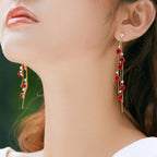 Enchanted Rose Garden Long Tassel Earrings – Red Floral Cascading Dangles with Shimmering Crystals and Gold-Tone Finish