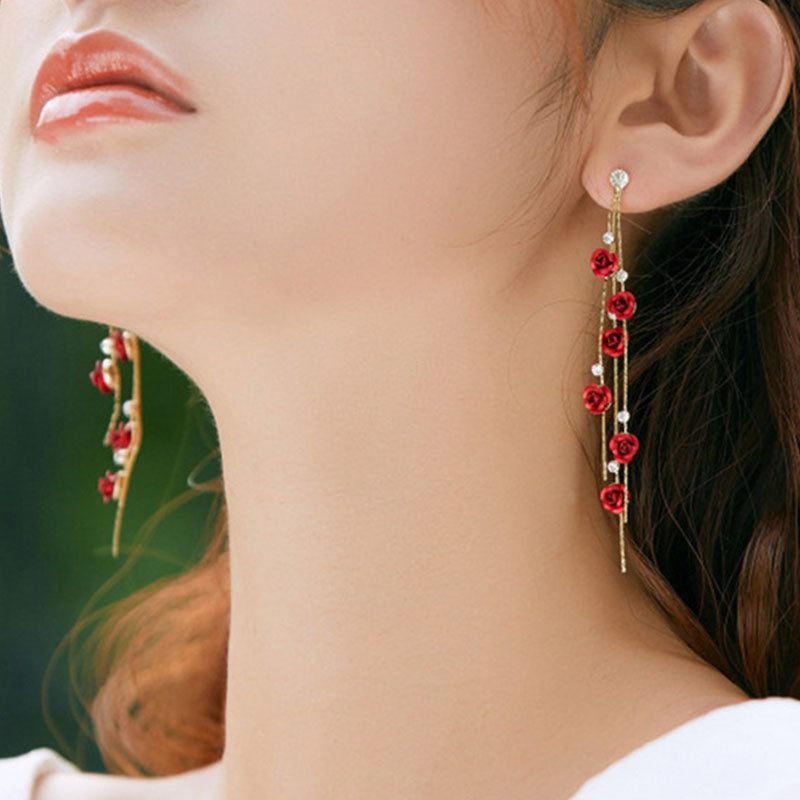 Enchanted Rose Garden Long Tassel Earrings – Red Floral Cascading Dangles with Shimmering Crystals and Gold-Tone Finish