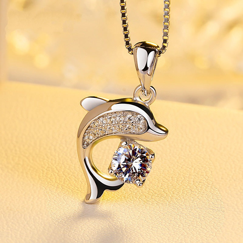 925 Sterling Silver Dolphin Pendant Necklace with Sparkling Crystal - Truly Yours