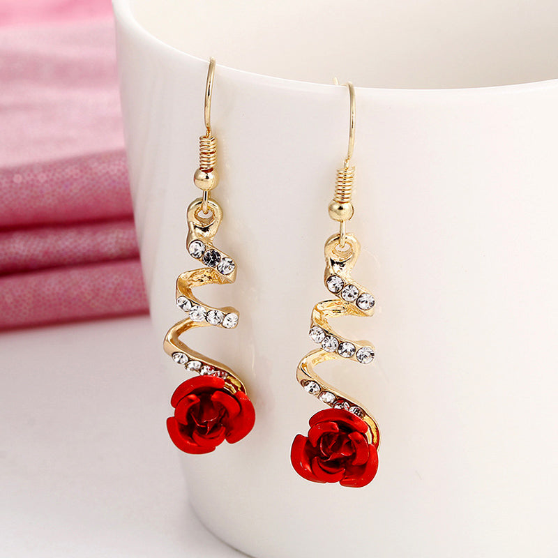 Enchanted Red Rose Spiral Earrings: A Romantic Gift for Her – Gold-Tone Floral Dangles with Shimmering Crystals