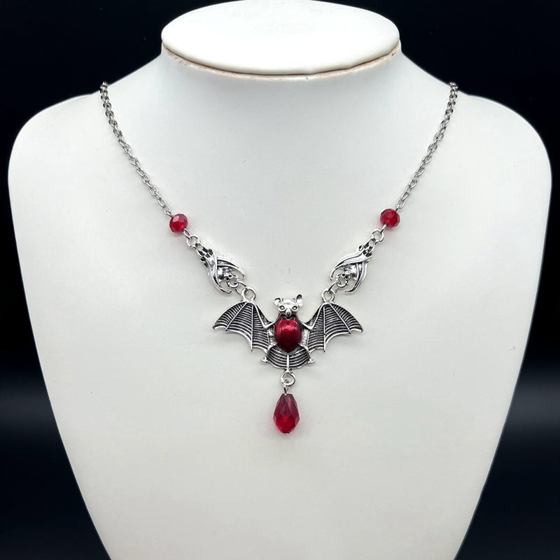 Stunning Gothic Bat Necklace for Women – Red Bead Accents & Teardrop Pendant
