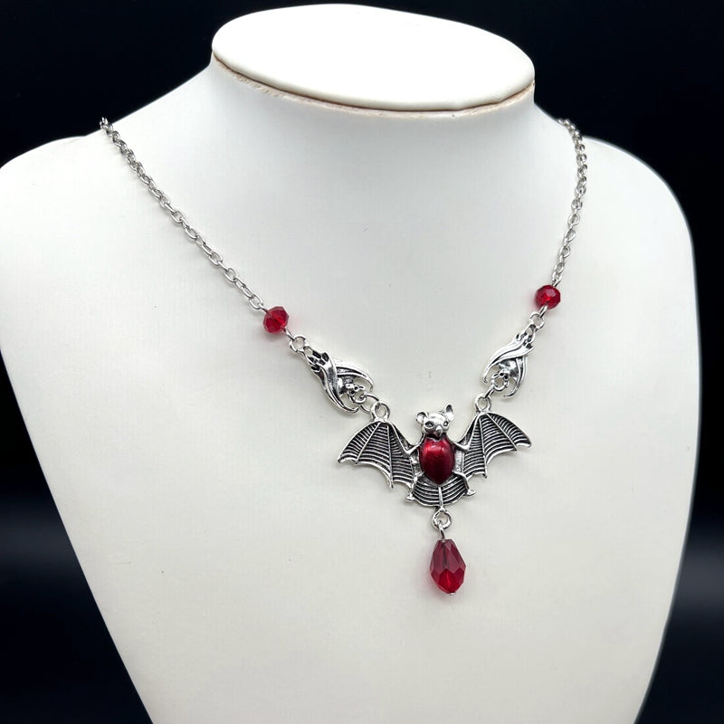 Stunning Gothic Bat Necklace for Women – Red Bead Accents & Teardrop Pendant - Truly Yours