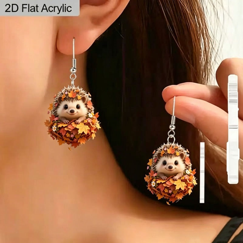 Cute Autumn Hedgehog 2D Acrylic Drop Earrings – Woodland Design