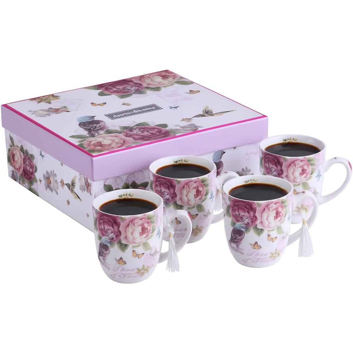 4-Piece Floral Porcelain Tea & Coffee Cup Gift Set – Rose, Bird & Butterfly Design