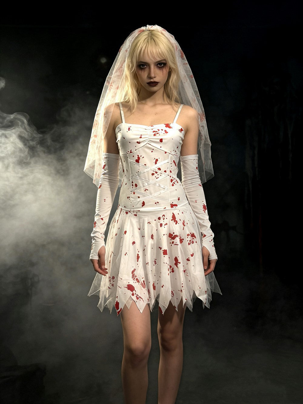 Gothic Blood-Splattered Bride Halloween Dress