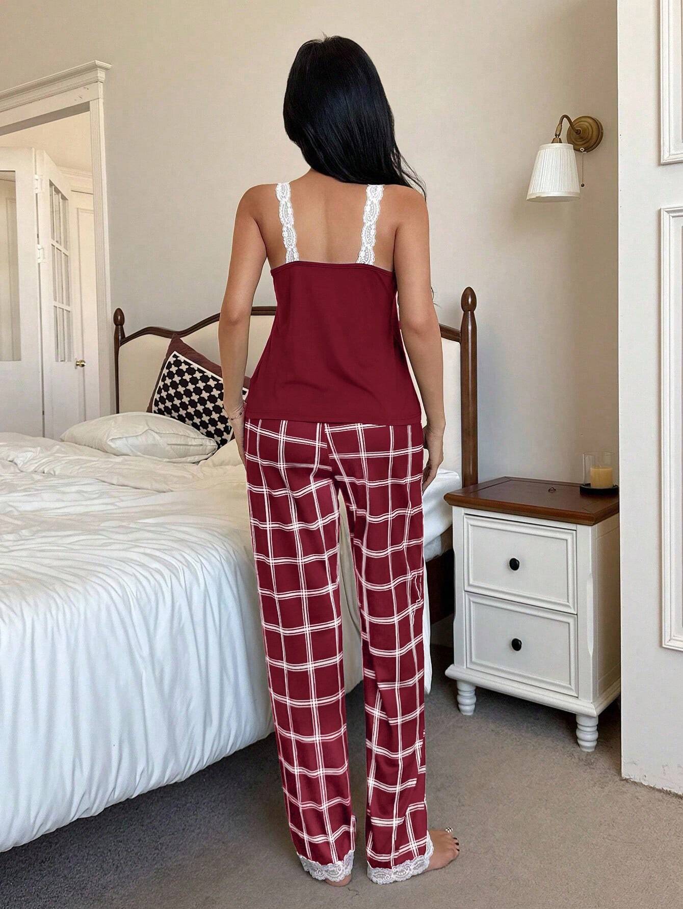 Women's Lace Trim Checked Pyjama Set S-XL