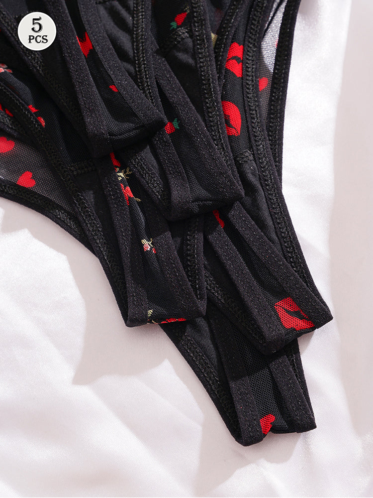 5 Piece Women’s Black Sheer Printed Thong Set – Red Print
