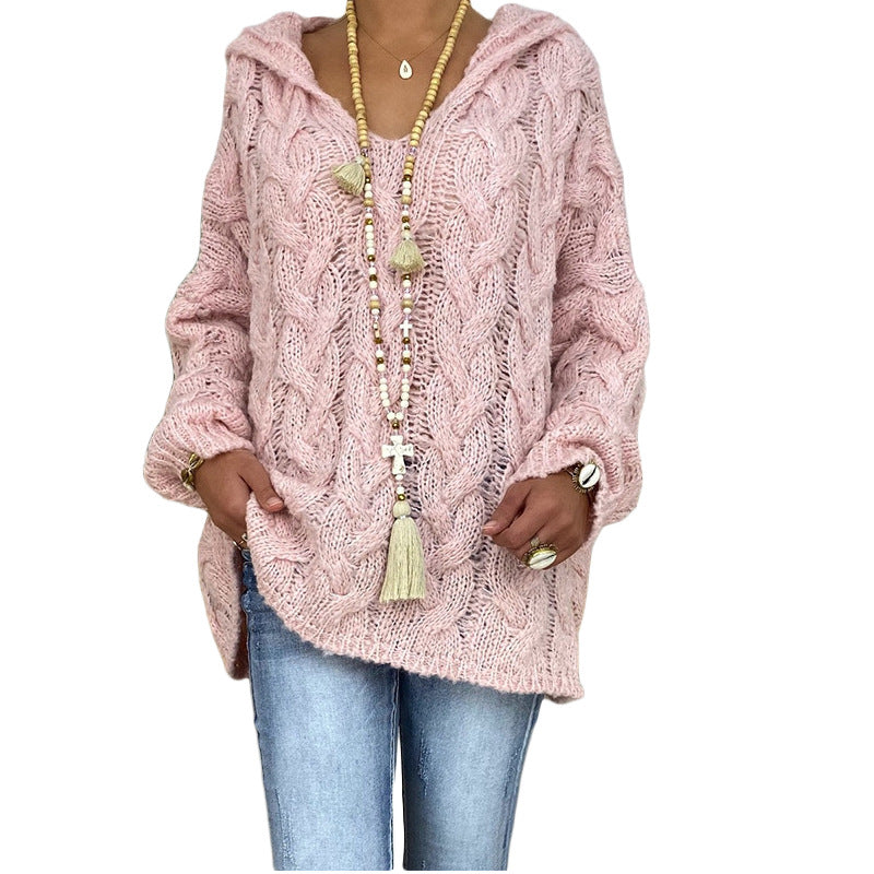 Women's Soft Pink Hooded Cable Knit Jumper