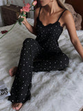 Women's Black Heart Print Lace Trim Cami Pyjama Set S-XL