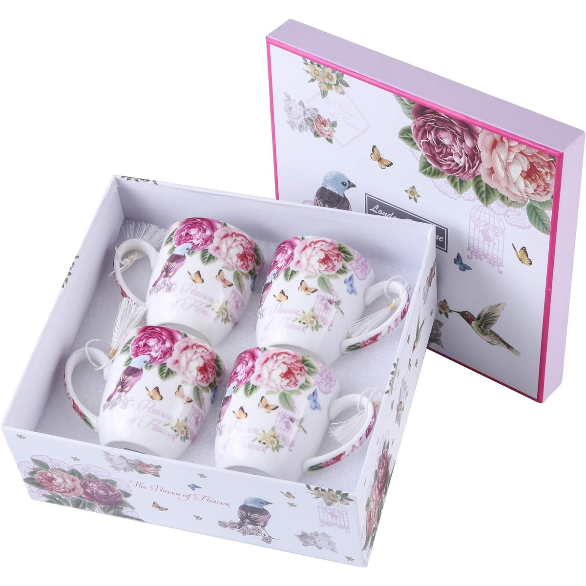 4-Piece Floral Porcelain Tea & Coffee Cup Gift Set – Rose, Bird & Butterfly Design