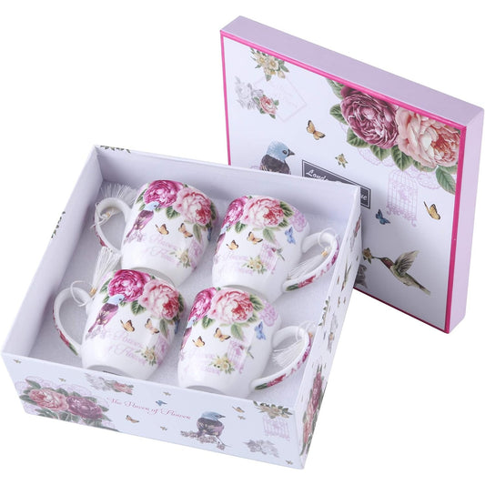 4-Piece Floral Porcelain Tea & Coffee Cup Gift Set – Rose, Bird & Butterfly Design
