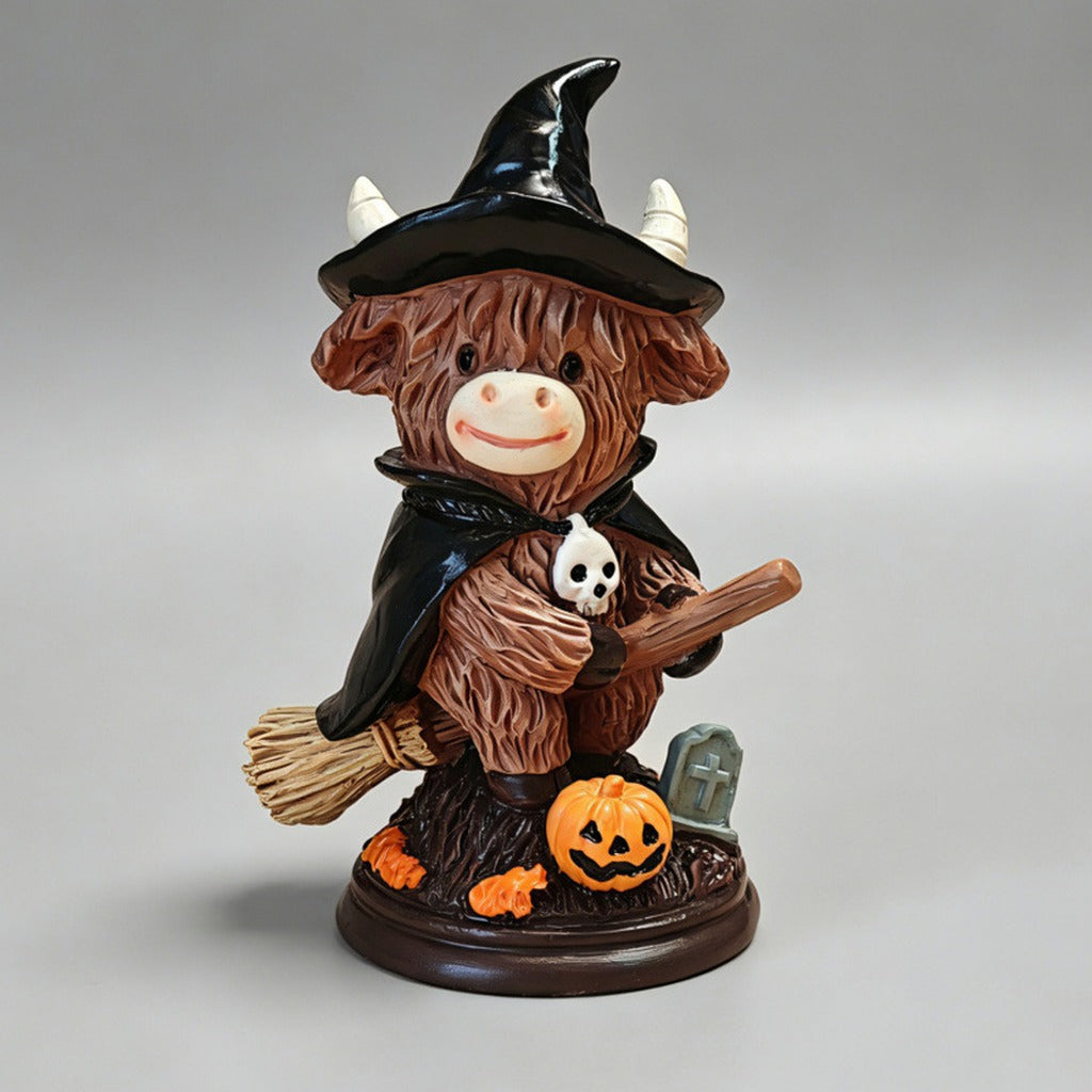 Highland Cow Witch Figurine – Halloween Decorative Ornament