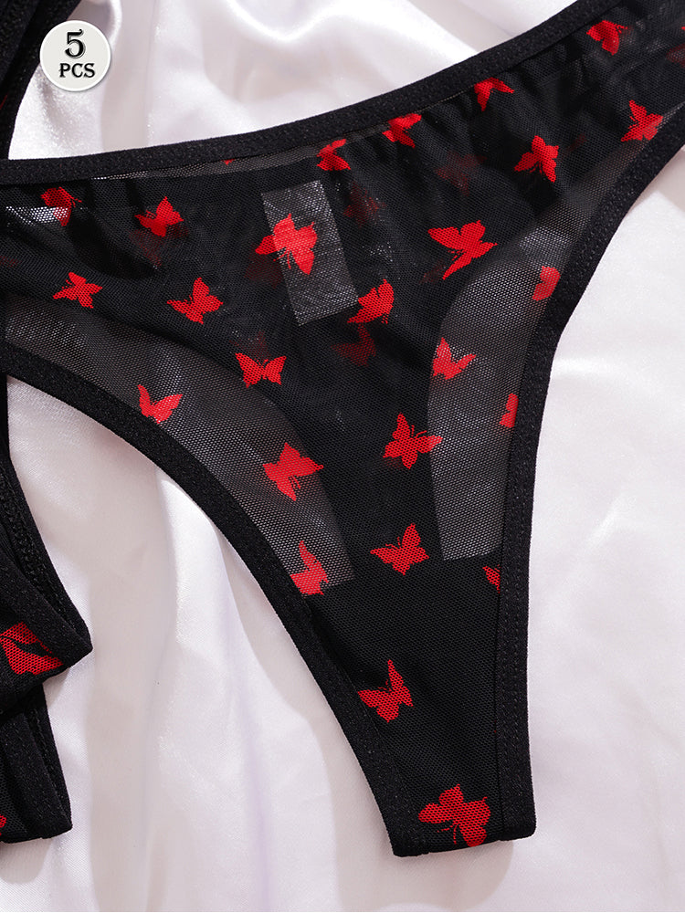 5 Piece Women’s Black Sheer Printed Thong Set – Red Print