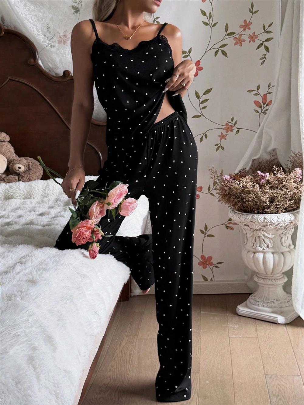 Women's Black Heart Print Lace Trim Cami Pyjama Set S-XL