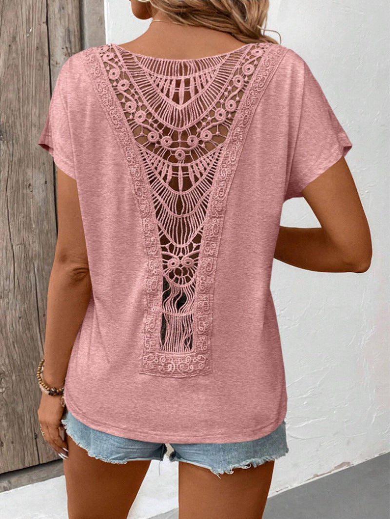 Pink Casual Lace Back Short Sleeve T-Shirt
