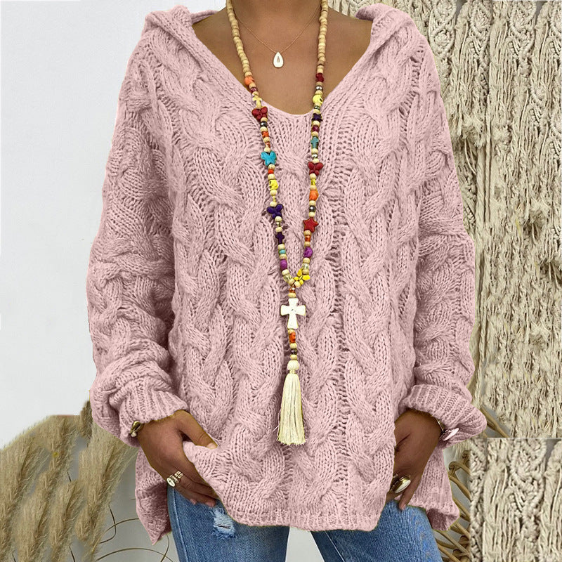Women's Soft Pink Hooded Cable Knit Jumper