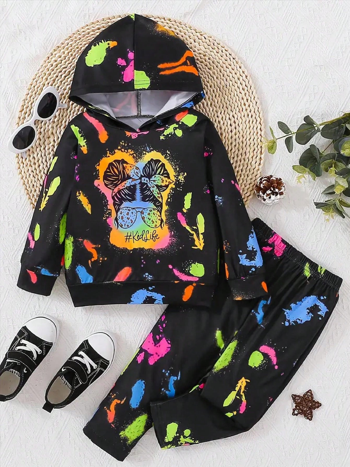 Girls’ Neon Paint Splash Hoodie & Jogger Set