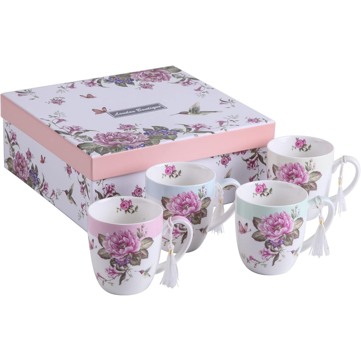 4-Piece Floral Porcelain Tea & Coffee Cup Gift Set – Rose, Bird & Butterfly Design