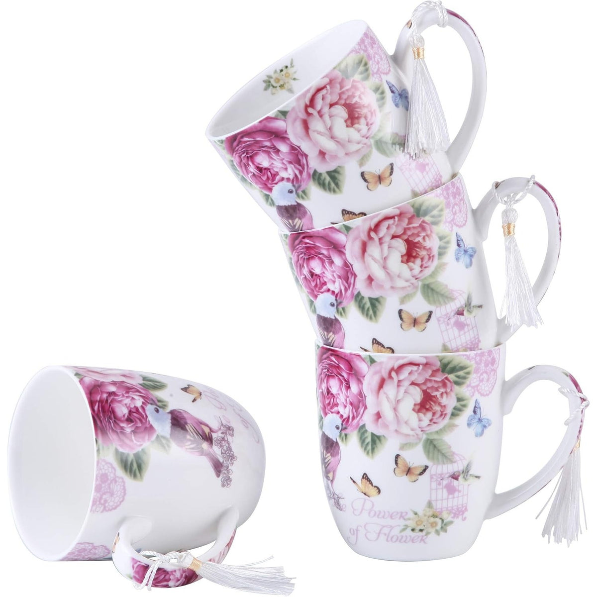 4-Piece Floral Porcelain Tea & Coffee Cup Gift Set – Rose, Bird & Butterfly Design