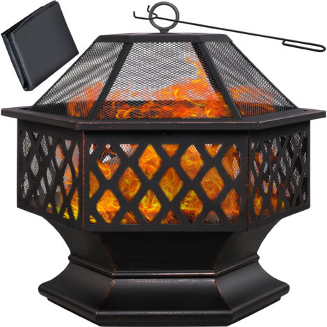 Hexagonal Outdoor Fire Pit with Spark Screen, Poker, and Waterproof Weather Cover - Truly Yours