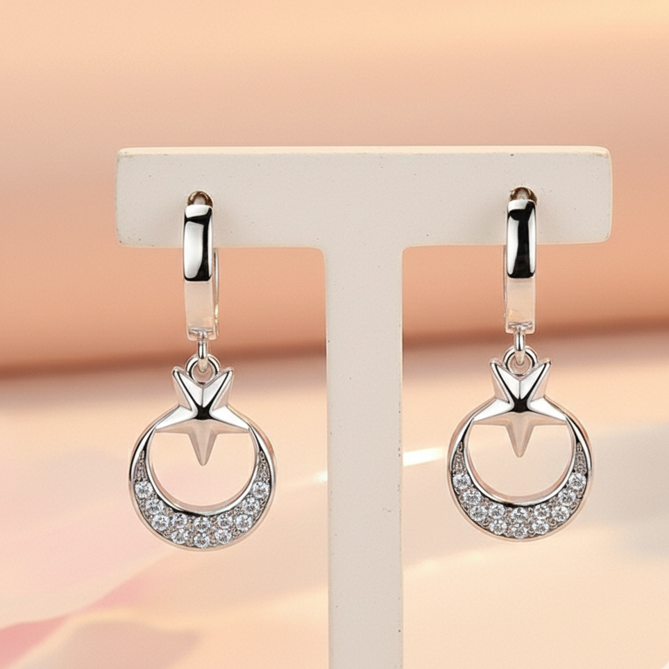 925 Sterling Silver Crescent Moon and Star Drop Earrings